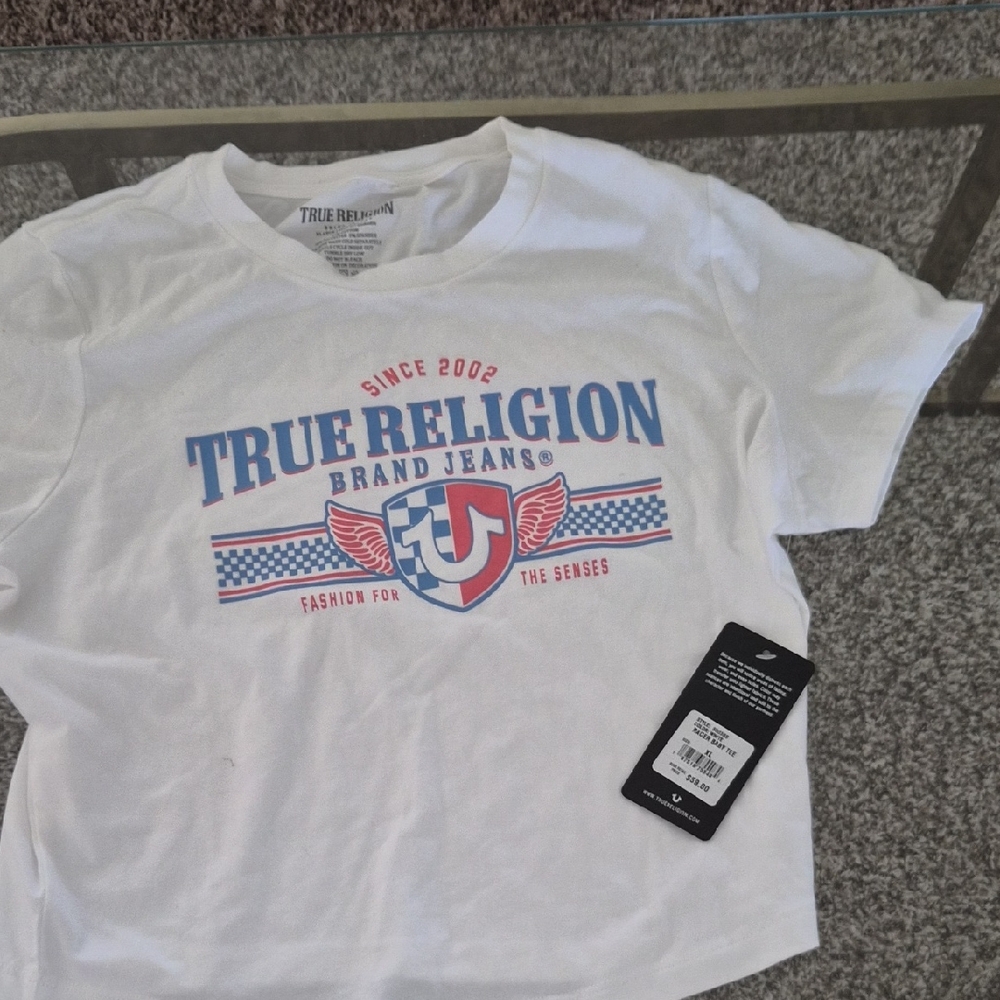True Religion White Tee with Red and Blue Logo